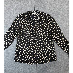 Blousology Popover Top Women's Large Black Beige Polka Dot Mock Neck Long Sleeve